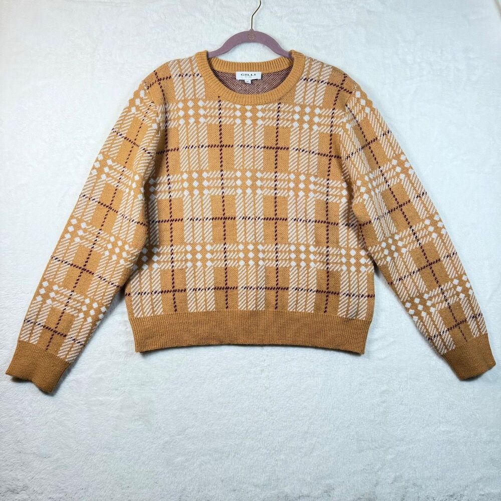 Gilli Womens M Camel Plaid Knit Sweater Crew Neck Long Sleeve Pullover